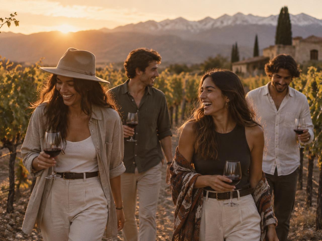 Grupo recorriendo un viñedo